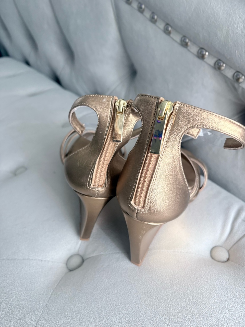 Tamara Mellon Rose Gold Strappy Block Heel Sandals - Picture 2 of 8